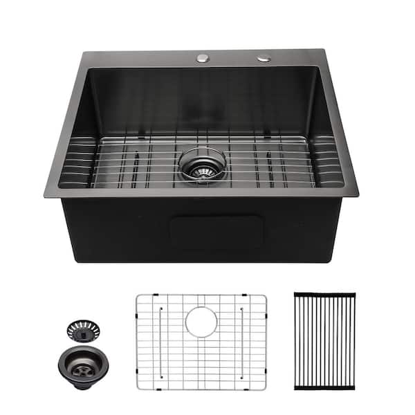 Sarlai Gunmetal Black 16 Guage Stainless Steel 28 in. Single Bowl Drop-In Kitchen Sink with Bottom Grid