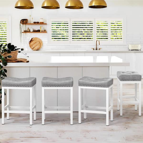 LUE BONA 24 in. Light Grey Counter Height Saddle Bar Stool Faux Leather Cushion Backless Bar Stool with Metal Legs (Set of 4)