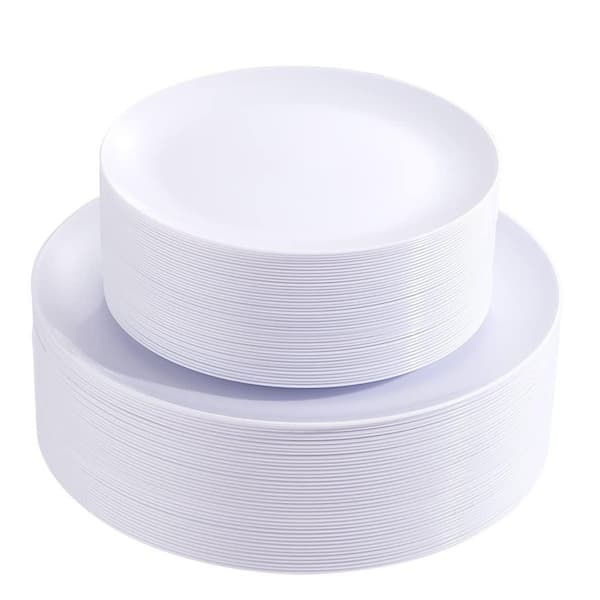 100-Piece White Disposable Plastic Plates with 50 Dinner Plates and 50 Dessert Plates for Party and Wedding