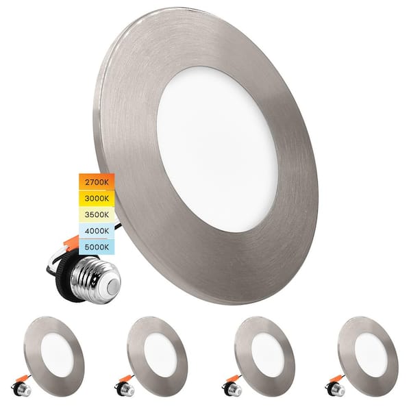 LUXRITE 3-4 in. Integrated LED Flush Mount & Recessed Light, 7.5W, 5CCT, 650LM, Dimmable, J-Box or 4 in. Housing, Nickel 4-Pack