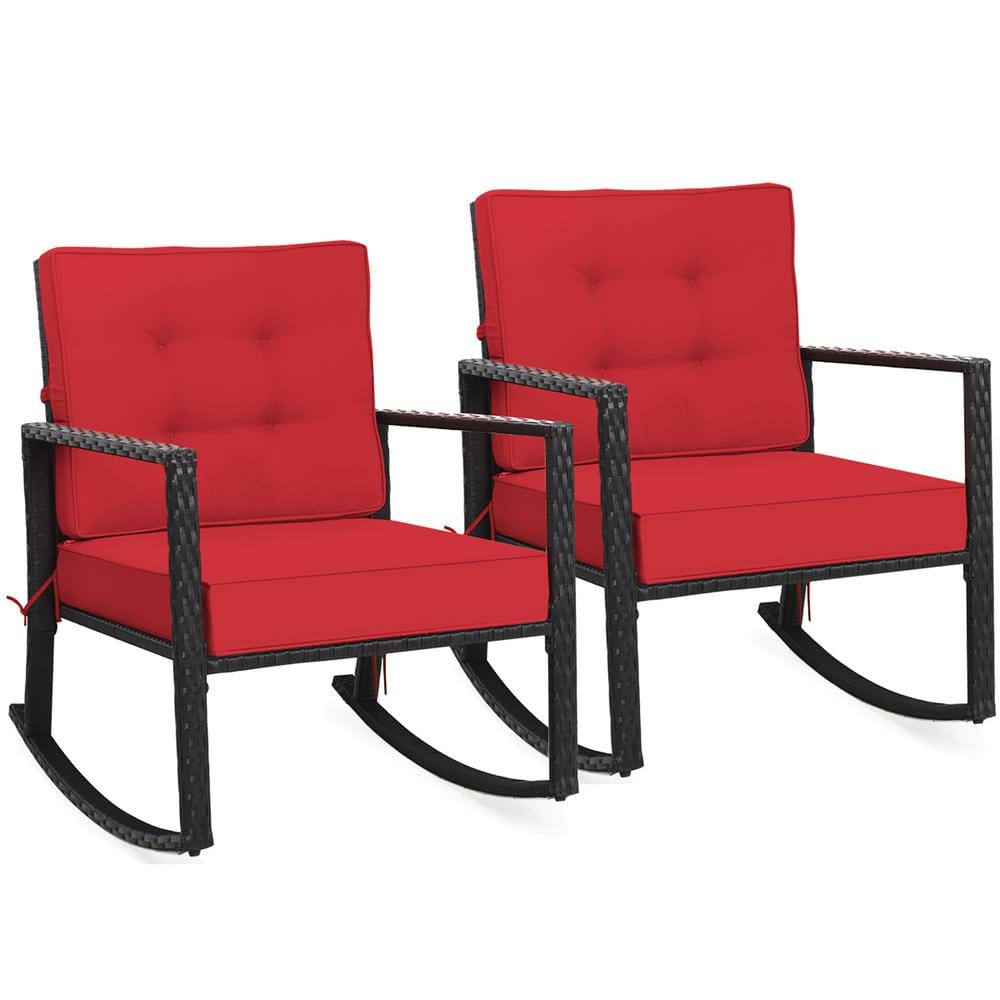 Costway Wicker Outdoor Rocking Chair with Red Cushion 2 Pieces 2