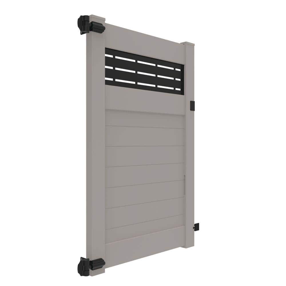 Gray Vinyl Horizontal Privacy Fence Gate with Decorative Screen Panel, 6-ft x 4-ft