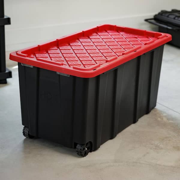 HDX 77 gal. Tough Storage Tote with Wheels in Black with Red Lid