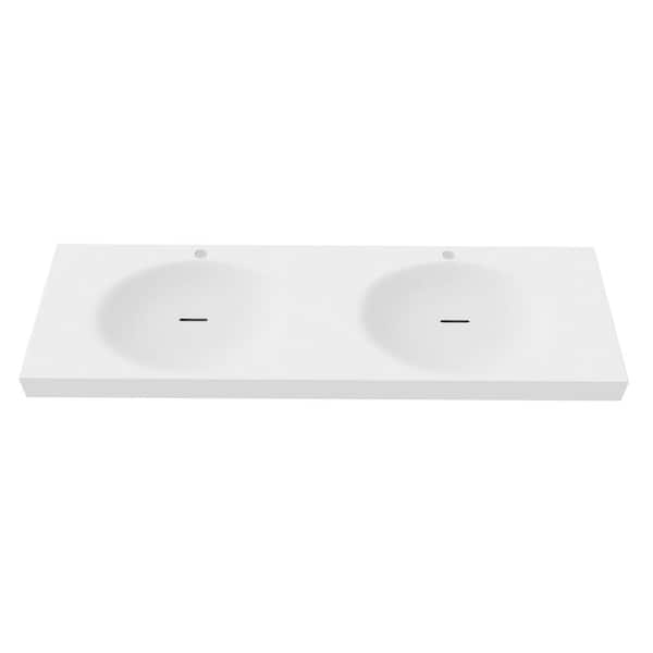 Darleen 60 in. Ultraminimalist Matte White Solid Surface Rectangular Double Shallow Basin Wall Mounted Non Vessel Sink