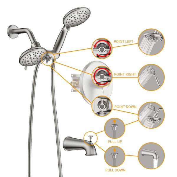 11-Spray Patterns 4 in. 2.0 GPM Round Wall Mount Adjustable Dual Shower Heads Handheld Shower Head in Brushed Nickel