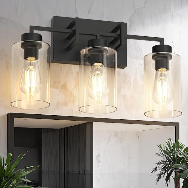 17.13 in. 3-Light Matte Black Vanity Light with Clear Glass Cylinder Shades, E26 Base Wall Sconce for Bathroom Fixture