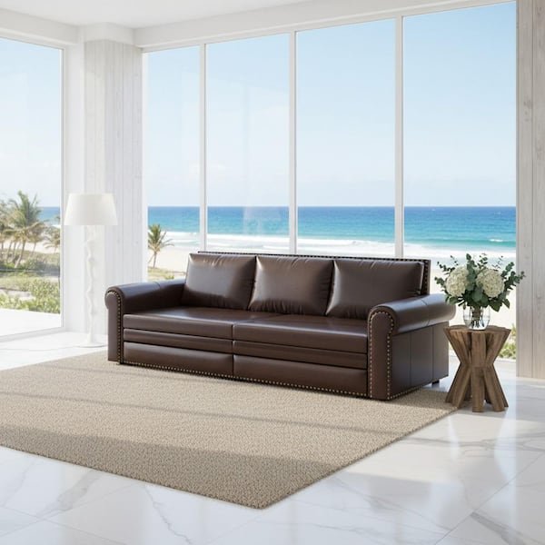 DBZY 93.7 in. Espresso Faux Leather King Size 3-in-1 Convertible Sofa Bed with Nailhead Trim and Rolled Arms