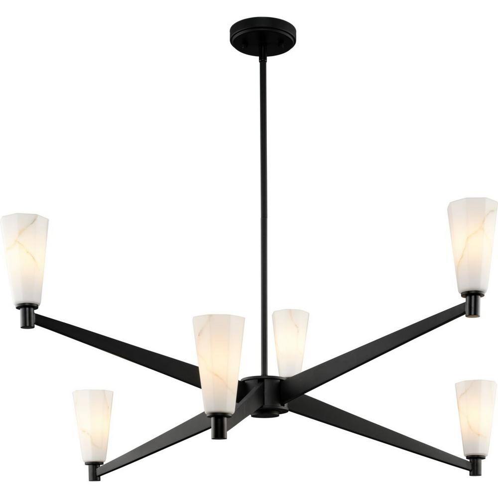 Matte Black Steel 6-Light Chandelier with Faux Alabaster Shades