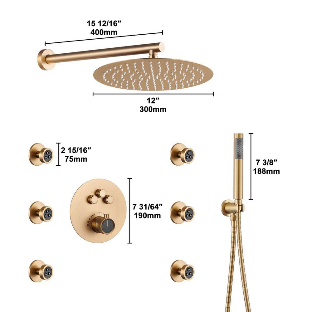 Brushed Gold Multi-Head Thermostatic Rain Shower System