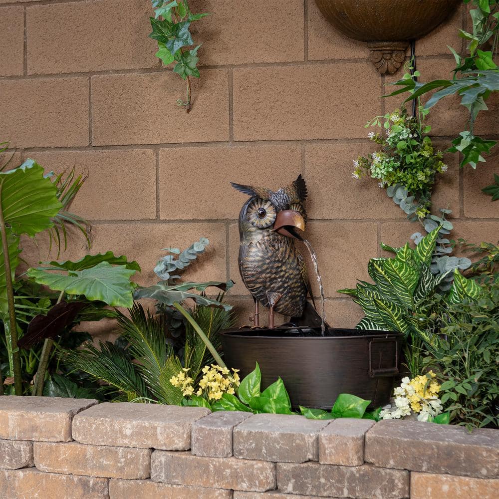 23" Brown Metal Owl Fountain with Tub