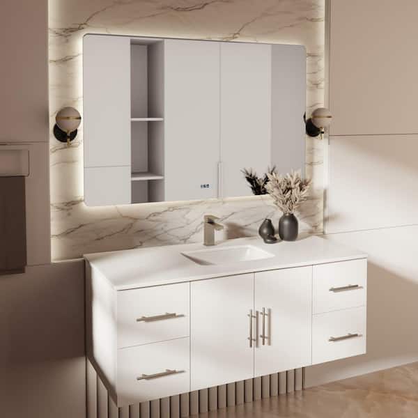 Geneva 48 in. W x 22 in. D Glossy White Bath Vanity, White Quartz Top, and Faucet Set