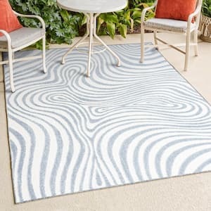 Maribo High-Low Abstract Groovy Striped Light Blue/Ivory 3 ft. x 5 ft. Indoor/Outdoor Area Rug