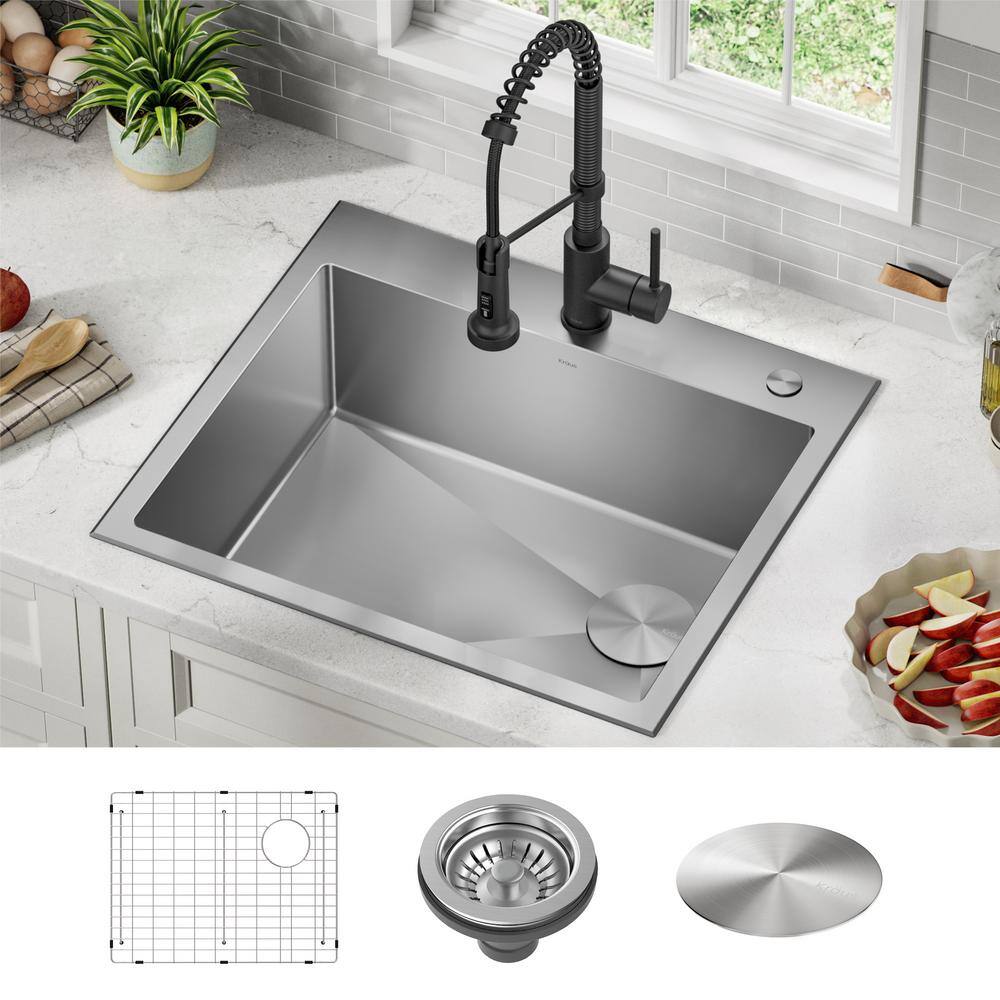 25-Inch Satin Stainless Steel Single Bowl Drop-In Kitchen Sink Set