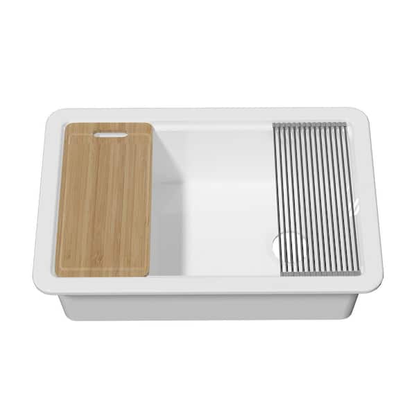 Kitchen Sink 30 in. Dual Mount Drop-In/Undermount Single Bowl White Fireclay Workstation Kitchen Sink with Cutting Board