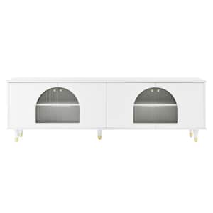 Contemporary White TV Stand with Adjustable Shelves and Arch Fluted Glass Doors for Fits TVs Up to 78 in.