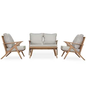 Brown 4-Piece Acacia Wood Patio Furniture Set with Grey Cushions and Coffee Table