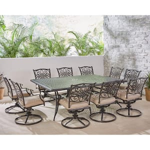 Traditions 11-Piece Aluminum Outdoor Dining Set with 10 Swivel Rockers and Tan Cushions, Rectangular Dining Table