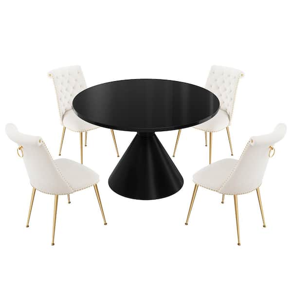 Boyel Living 5-Piece Round Stainless Steel Black MDF Top Table Set Seats 4 (4 White Dining Chairs）