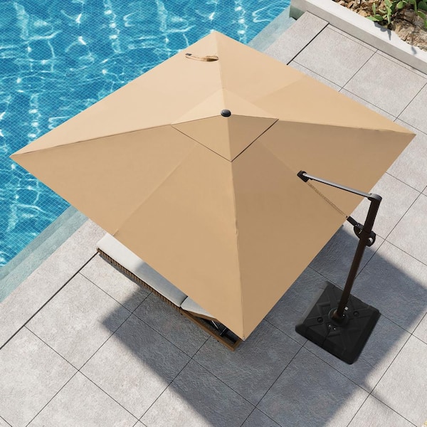 Pellebant 11 ft. Square Aluminum Cantilever Adjustable Tilt 360° Rotation Patio Umbrella in Tan with Weights Base Stand