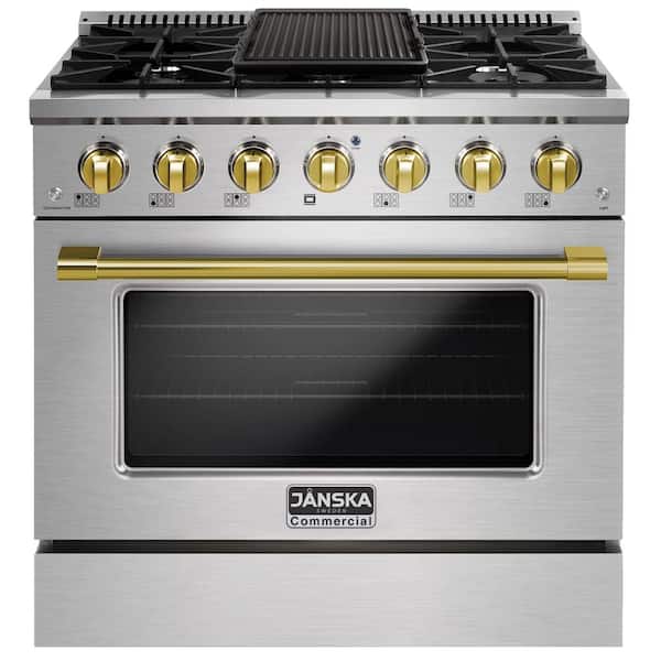 36 in. 5.2 cu. ft. 6-Burners Gas Range, Convection Oven, Griddle with Gold Knobs and Handle in Stainless Steel