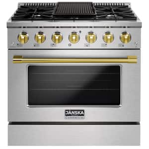 36 in. 5.2 cu. ft. 6-Burners Gas Range, Convection Oven, Griddle with Gold Knobs and Handle in Stainless Steel