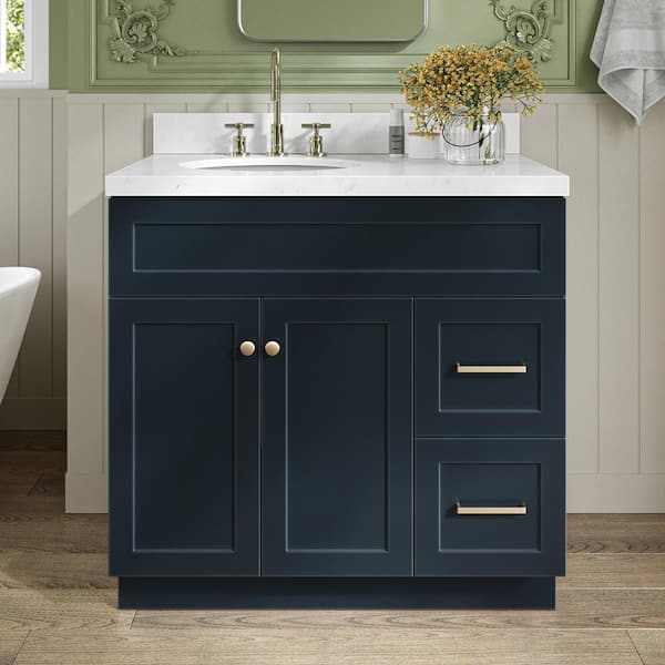 ARIEL Hamlet 36.25 in. W x 22 in. D x 36 in. H Single Sink Freestanding Bath Vanity in Midnight Blue with Carrara Quartz Top