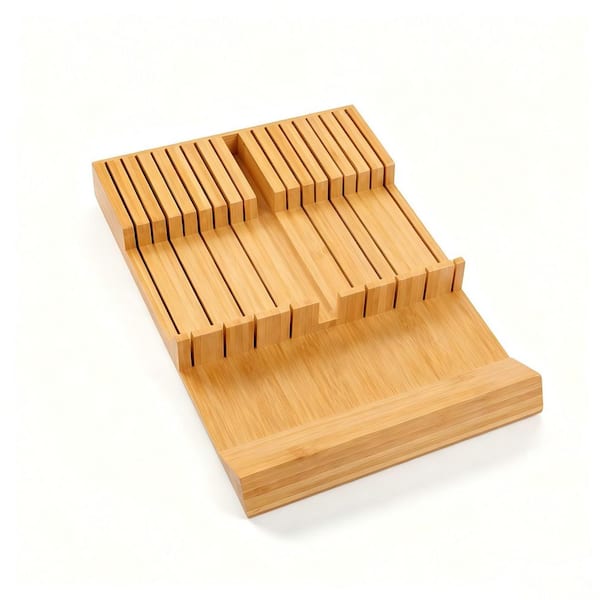 Natural In-drawer Knife Block Bamboo Kitchen Knife Drawer Organizer Large, handle Steak knife Holder without Knives