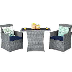 Mixed Gray 3-Piece Wicker Patio Conversation Set with Navy Blue Cushions