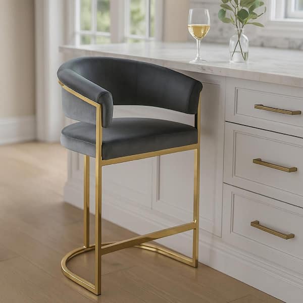 Dely 38 in. H Gray and Gold Low Back Metal Bar Stool with Velvet