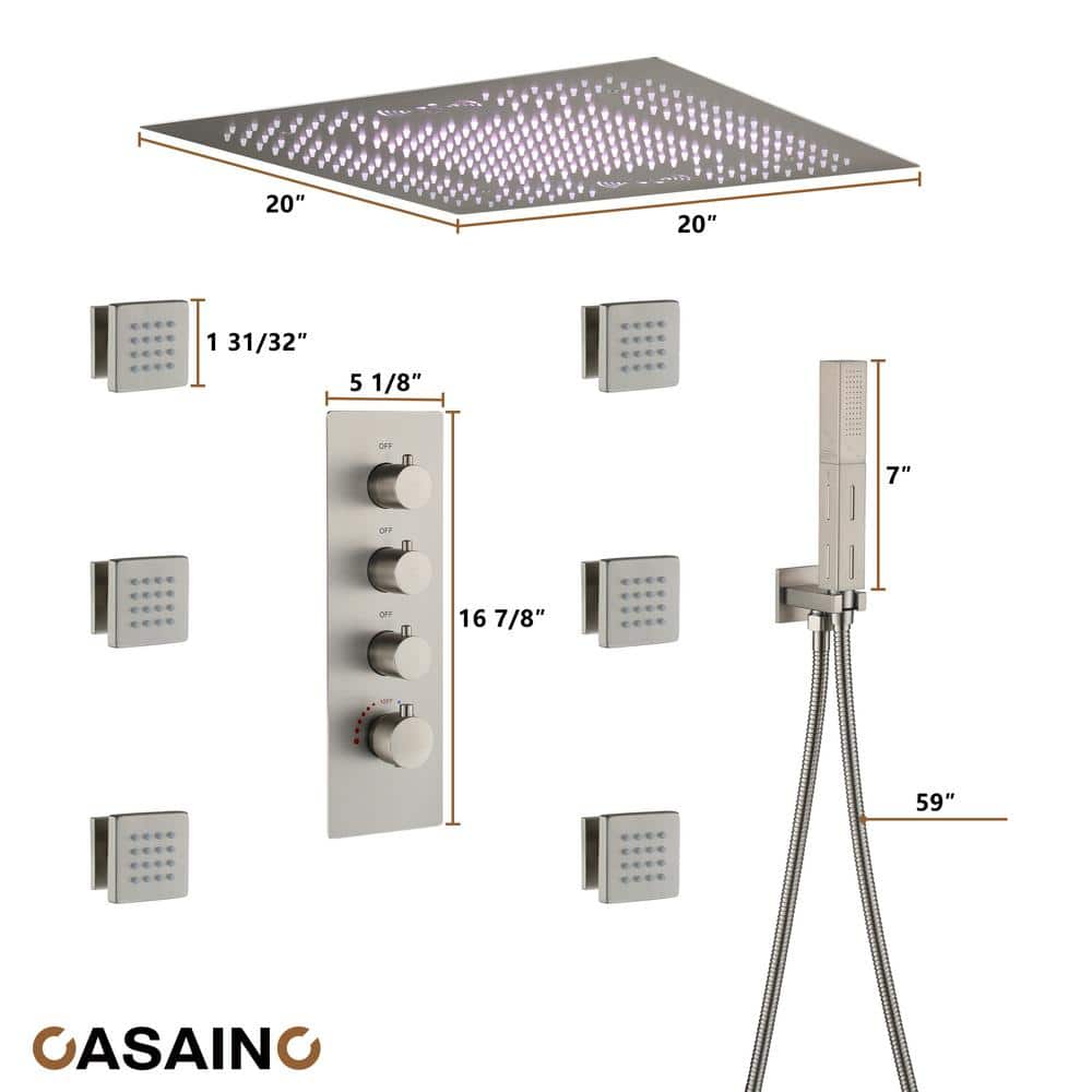 Brushed Nickel Square LED Rain Shower System with Handheld and Bluetooth Speaker
