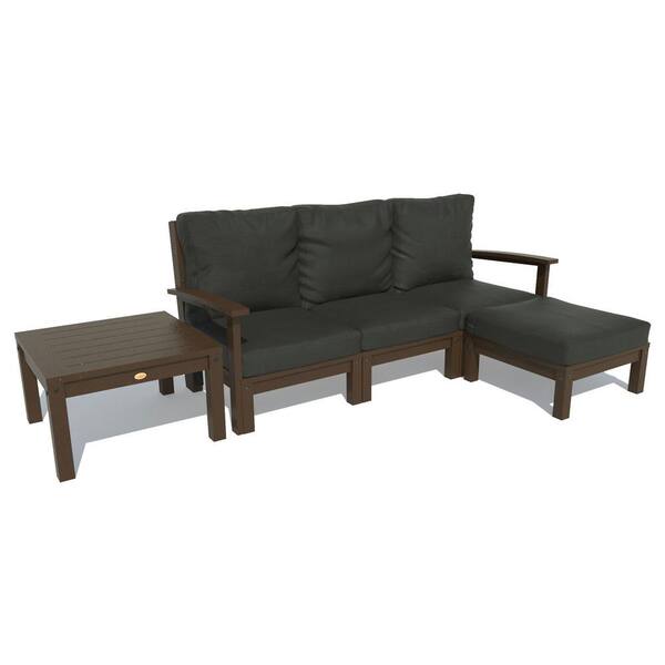 Highwood Bespoke Deep Seating 3-Piece Plastic Outdoor Couch, Ottoman and Side Table with Cushions