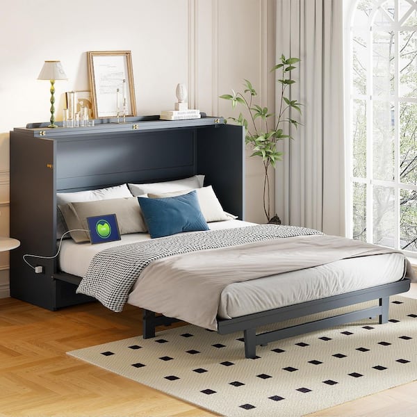 Qualler Gray Wood Frame Queen Size Murphy Bed with Drawer, USB Ports and Outlets
