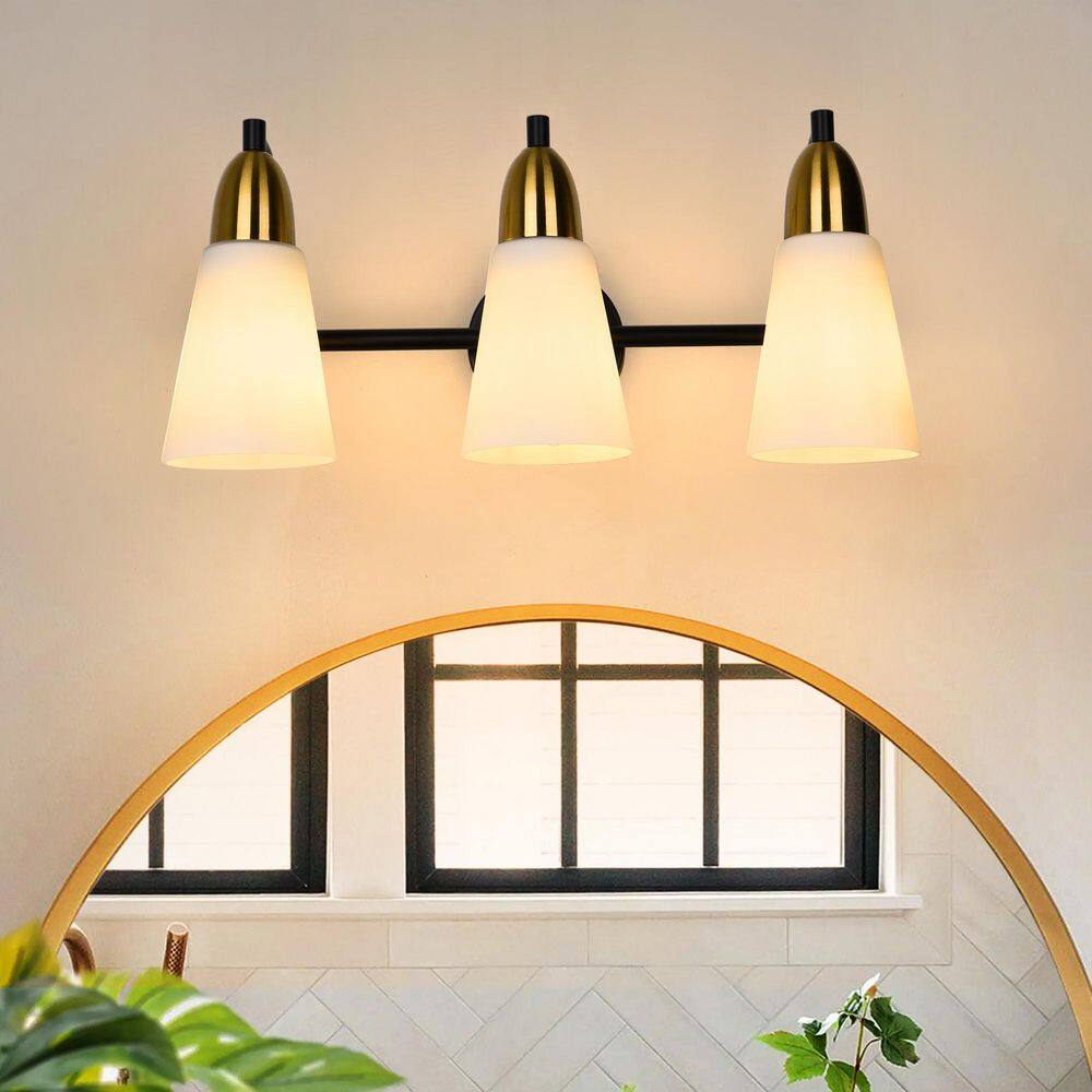 20.6 in. 3-Light Black and Gold Bathroom Vanity Light With Cone Milk Glass Shade price history on PriceWatchPro