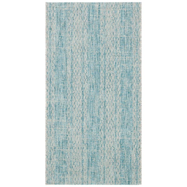 Courtyard Light Gray/Aqua Doormat 3 ft. x 5 ft. Geometric Indoor/Outdoor Patio Area Rug