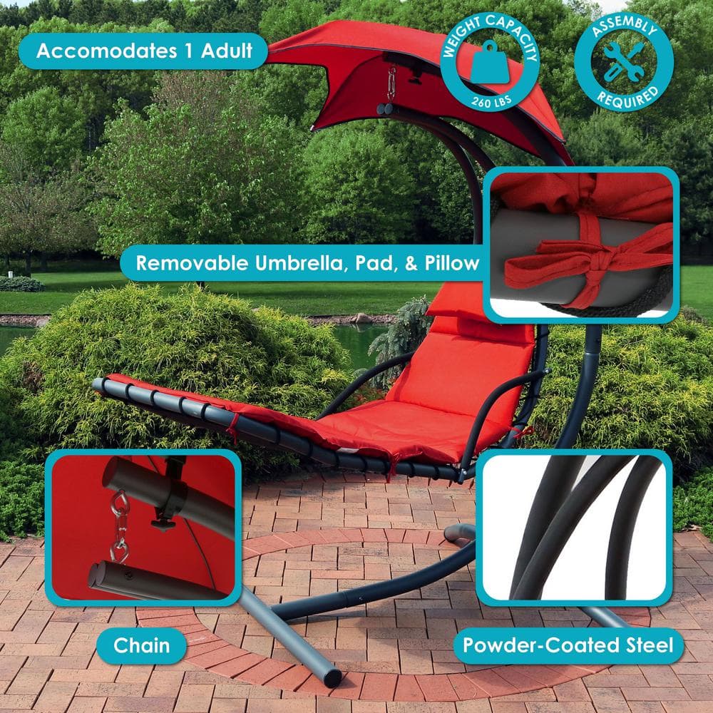 Red Steel Outdoor Hanging Chaise Lounge Chair with Canopy and Cushions