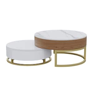52 in. White/Brown Round Sintered Stone Coffee Table with Lift Top