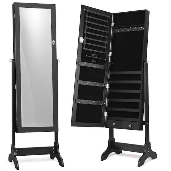 18 in. x 61.5 in. Black MDF Jewelry Armoire Storage Organizer Box Cabinet with Glass Mirror