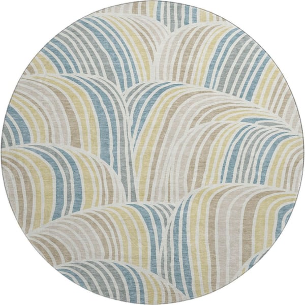 Mayfield Premium Machine Washable Abstract AMF2546 Ivory 8 ft. x 8 ft. Round Rug
