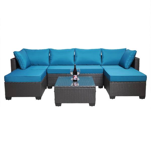 Angel Sar 7-Piece Wicker Patio Conversation Set with Blue-green Cushions and Coffee Table for Garden