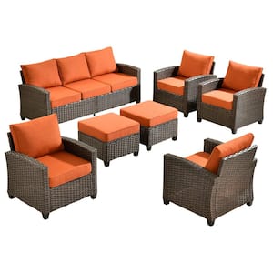 Pirani Brown 7-Piece Wicker Outdoor Patio Conversation Seating Set with Orange Red Cushions