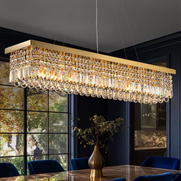 10-Light Metal Gold K9 Crystal Rectangle Chandelier, Modern Luxury Flush Mount for Dining Kitchen
