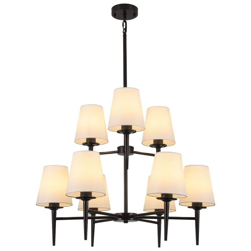 9-Light 2-Tier Dimmable Black Farmhouse Chandelier with White Fabric Shade for Dining Living Room with No Bulbs Included price history on PriceWatchPro