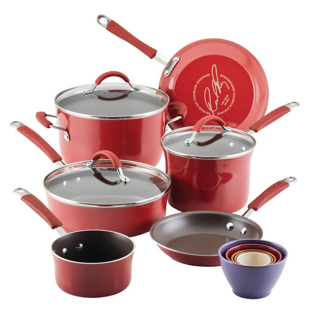 Rachael Ray 15-Piece Get Cooking! Aluminum Nonstick Pots and Pans Set/Cookware  Set, Red 