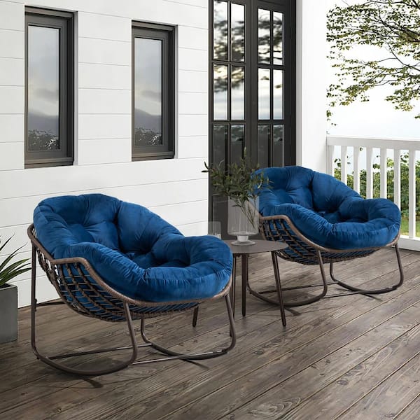 Btmway Indoor and Outdoor PE Wicker Outdoor Rocking Chair with Navy Blue Cushion, Rocker Recliner Chair for Porch, Patio Garden