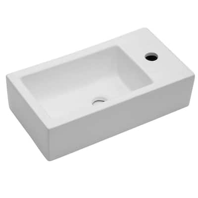 Bathroom Vessel Sink Wall Mount Rectangular Corner Sink in White Porcelain Ceramic