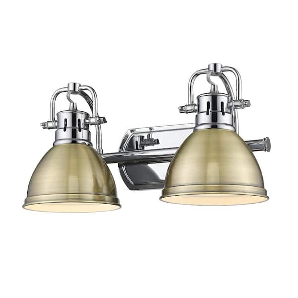 Golden Lighting Duncan 8.5 in. 2-Light Chrome Vanity Light with Aged Brass Shades