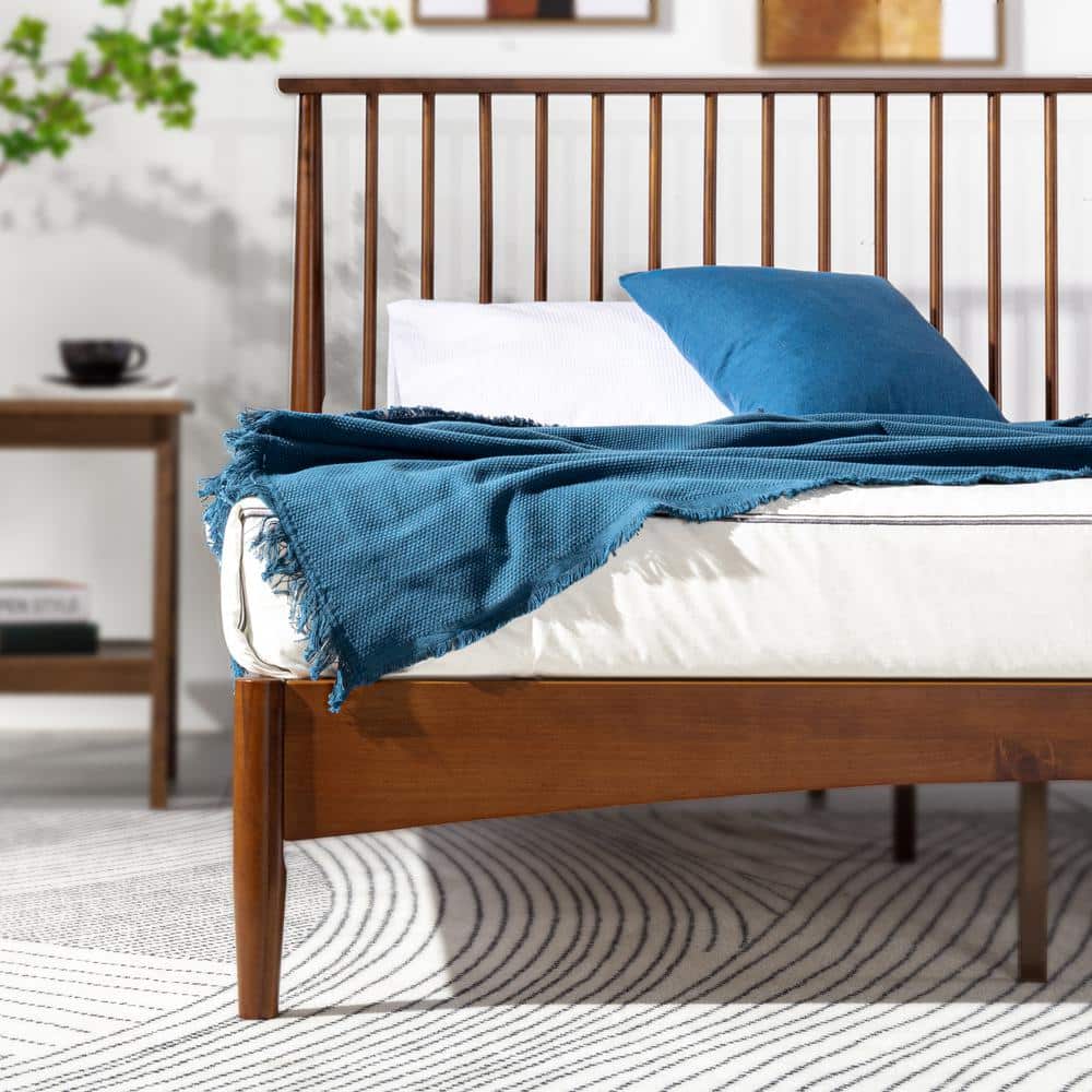 Elegant Mid-Century King Platform Bed with Wood Spindle Headboard