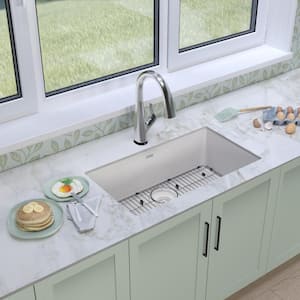 Classic White Quartz 33 in. Single-Bowl Undermount Kitchen Sink with Filtered Faucet and Accessories