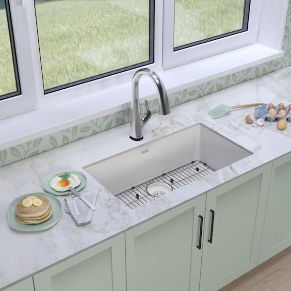 Quartz Classic 33 in. Undermount Single Bowl White Granite/Quartz Composite Kitchen Sink Kit w/ Faucet and Accessories