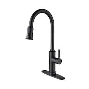 Single Handle Deck Mount Standard Kitchen Faucet in Matte Black360 Degree Swivel 3-Mode Stainless Steel with Deck Plate